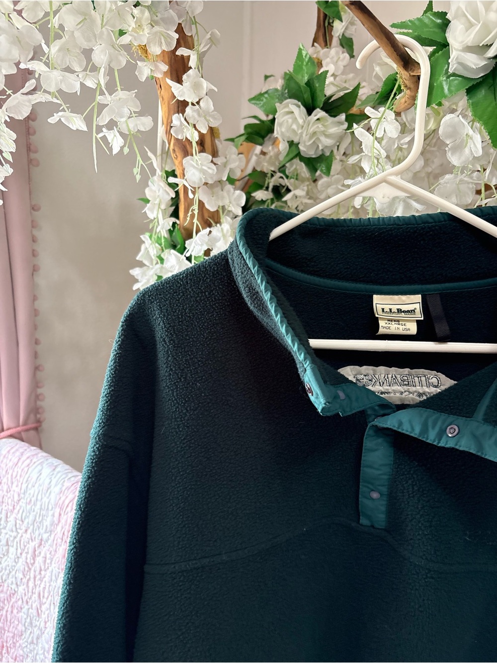 L.L. Bean Forest Green Fleece Snap Pullover with Teal Trim - Picture 3 of 6